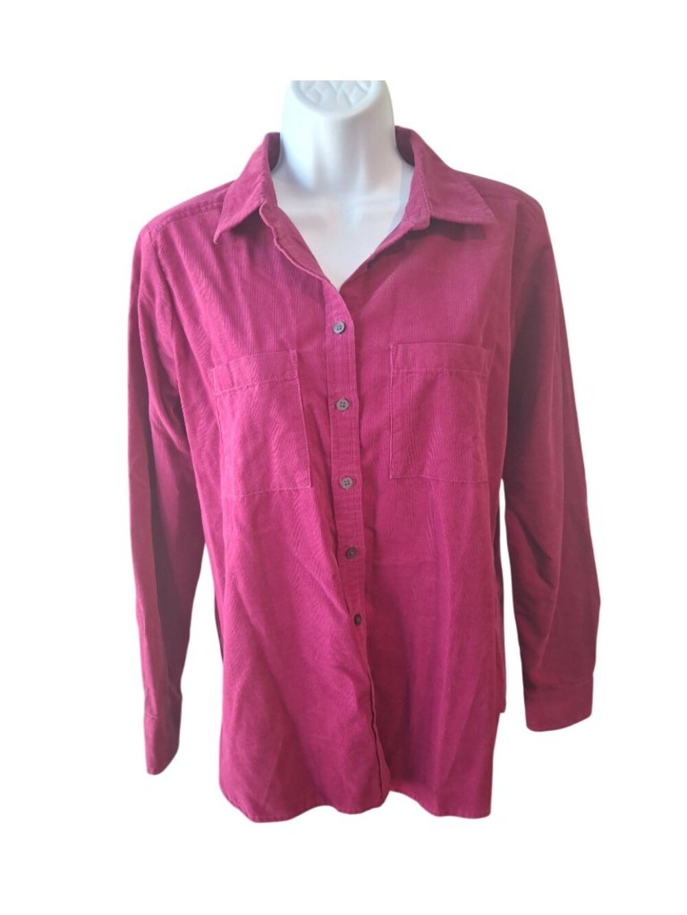 LOFT Womens XS Fuchsia Pink Corduroy Button Down Shirt Oversized Preppy Cotton
